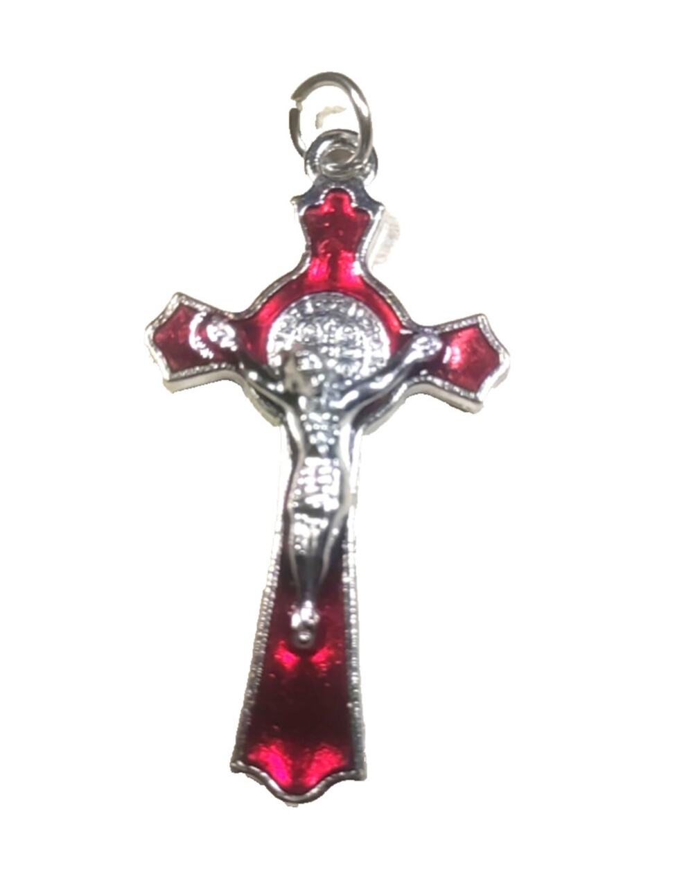 Silver Tone Red Enamel Cross Crucifixion Pendant